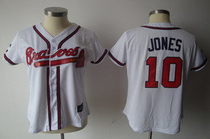 Women Atlanta Braves 10 Chipper Jones White Jersey AAA