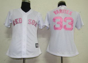 Women Boston Red Sox 33 Varitek White Jerseys(Pink Number)