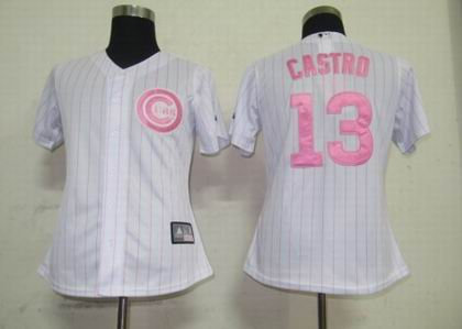 Women Jerseys Chicago Cubs 13 Castro White Pink strip