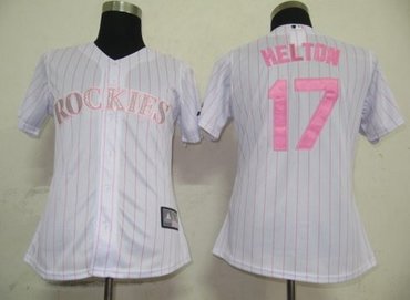 Women Jerseys Colorado Rockies 17 Helton White(Pink strip)