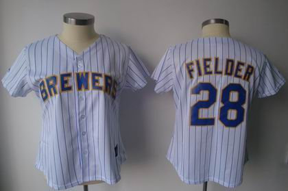 Women Milwaukee Brewers 28 P.Fielder WHITE STRIP jersey