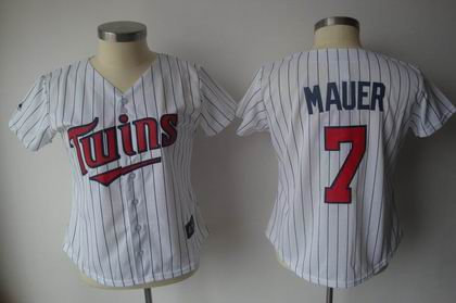 Women Minnesota Twins 7 Joe Mauer jerseys white BLACK strip