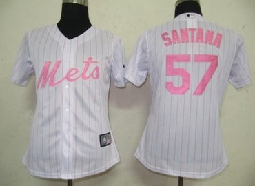 MLB Women Jerseys New York Mets 57 Santan White (Pink strip)