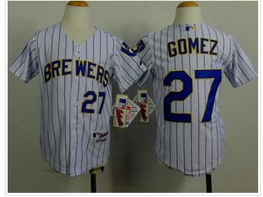 Milwaukee Brewers #27 Carlos Gomez White(Blue Stripe) Cool Base Stitched Youth Baseball Jersey
