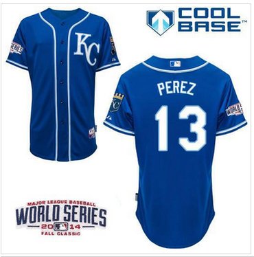 Royals #13 Salvador Perez Blue Alternate 2 Cool Base W 2014 World Series Patch Baseball Jersey