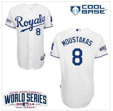Royals #8 Mike Moustakas White Cool Base W 2014 World Series Patch Baseball Jersey