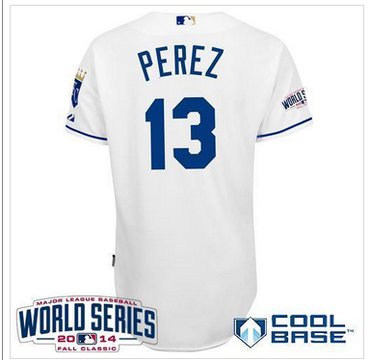 Royals #13 Salvador Perez White Cool Base W 2014 World Series Patch Baseball Jersey