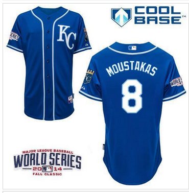 Royals #8 Mike Moustakas Blue Alternate 2 Cool Base W 2014 World Series Patch Baseball Jersey