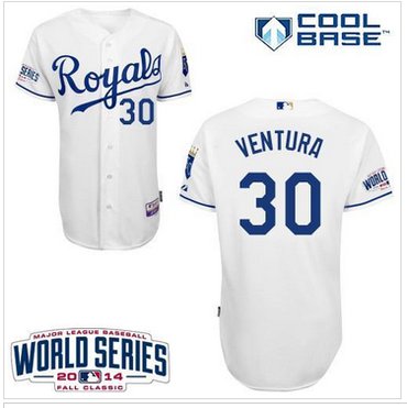 Royals #30 Yordano Ventura White Cool Base w 2014 World Series Patch Baseball Jersey