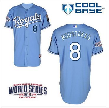 Royals #8 Mike Moustakas Light Blue Cool Base W 2014 World Series Patch Baseball Jersey