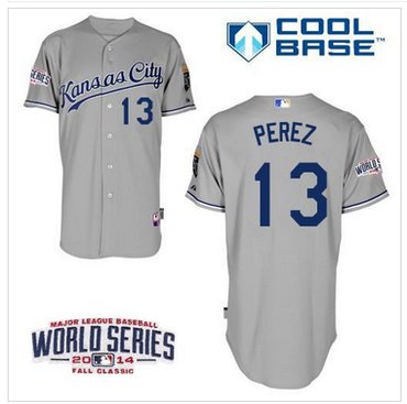 Royals #13 Salvador Perez Grey Cool Base W 2014 World Series Patch Baseball Jersey