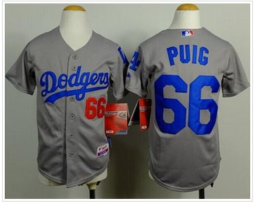 Youth MLB Dodgers #66 Yasiel Puig Grey Cool Base Baseball Jersey