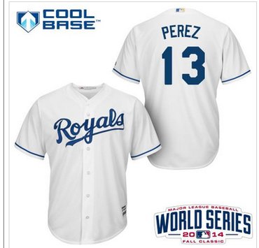 Youth MLB Royals #13 Salvador Perez White Cool Base W 2014 World Series Patch Baseball Jersey