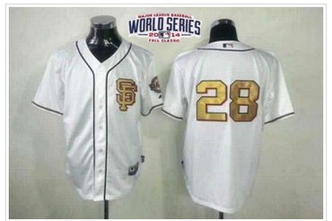 Giants #28 Buster Posey Cream Gold No. W 2014 World Series Patch Stitched Baseball Jersey