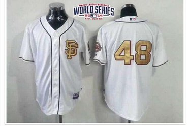 Giants #48 Pablo Sandoval Cream Gold No. W 2014 World Series Patch Stitched Baseball Jersey