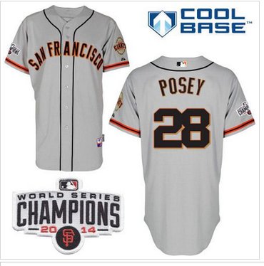 Giants #28 Buster Posey Grey W 2014 World Series Champions Patch Stitched Baseball Jersey