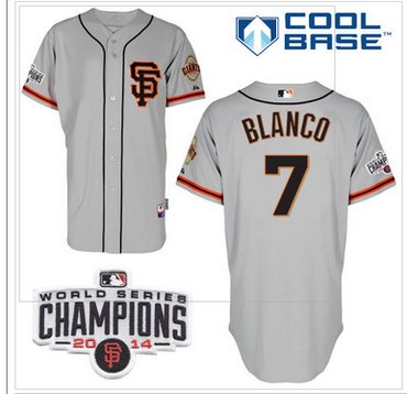Giants #7 Gregor Blanco Grey Road 2 Cool Base W 2014 World Series Champions Patch MLB Jersey