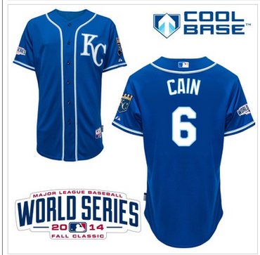 Royals #6 Lorenzo Cain Light Blue Alternate 2 Cool Base W 2014 World Series Patch Stitched Baseball Jersey