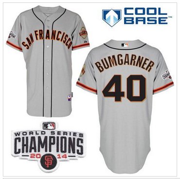 Giants #40 Madison Bumgarner Grey Cool Base W 2014 World Series Champions Patch Stitched Baseball Jersey