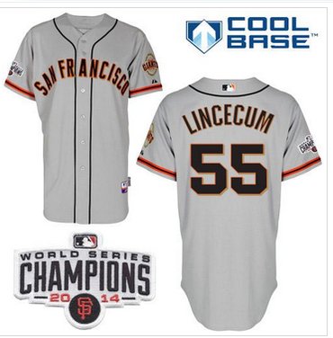 Giants #55 Tim Lincecum Grey W 2014 World Series Champions Patch Stitched Baseball Jersey