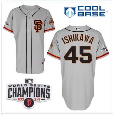 Giants #45 Travis Ishikawa Grey Road 2 Cool Base W 2014 World Series Champions Patch MLB Jersey