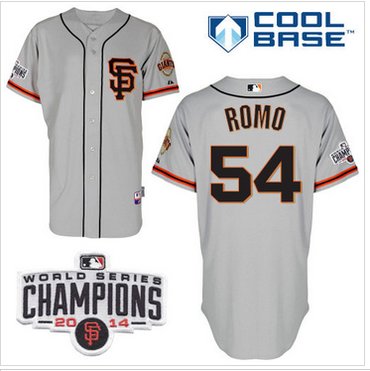 Giants #54 Sergio Romo Grey Road 2 Cool Base W 2014 World Series Champions Patch MLB Jersey