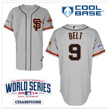 Giants #9 Brandon Belt Grey Road 2 Cool Base W 2014 World Series Patch Stitched Baseball Jersey