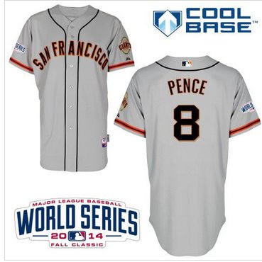 Giants #8 Hunter Pence Grey Road Cool Base W 2014 World Series Patch Baseball Jersey