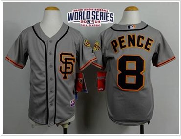 Youth MLB Giants #8 Hunter Pence Grey Road 2 Cool Base W 2014 World Series Patch Baseball Jersey