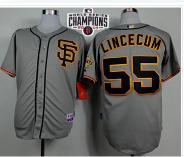 Giants #55 Tim Lincecum Grey Road 2 W 2014 World Series Champions Patch Stitched Baseball Jersey