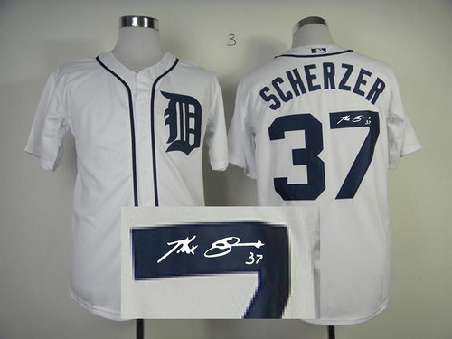 Detroit Tigers 37 Scherzer White MLB Jerseys(Signed)