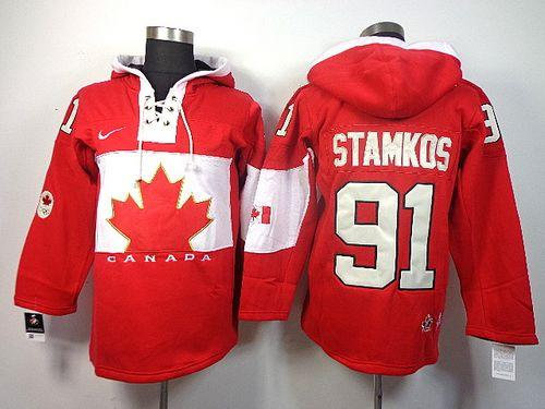 Team Canada Olympic #91 Steven Stamkos Red Sawyer Hooded Sweatshirt NHL Jersey