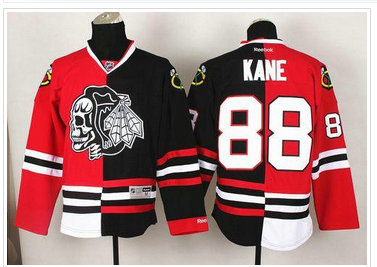 Chicago Blackhawks #88 Patrick Kane Red-Black Split White Skull Stitched NHL Jersey
