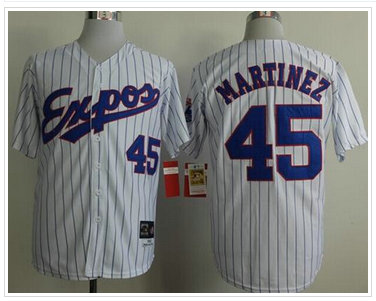 Montreal Expos #45 Pedro Martinez White(Black Strip) Mitchell And Ness 1982 Throwback Stitched Baseball Jersey