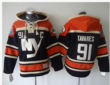 New York Islanders #91 John Tavares Dark Blue Sawyer Hooded Sweatshirt Stitched NHL Jersey