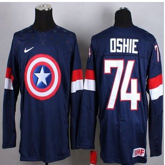 Olympic Team USA #74 T. J. Oshie Navy Blue Captain America Fashion Stitched NHL jersey
