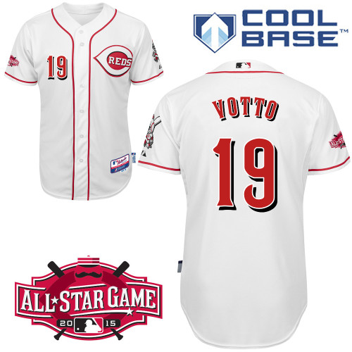 Cincinnati Reds #19 Votto Authentic Personalized Home White Jersey w2015 All-Star Patch
