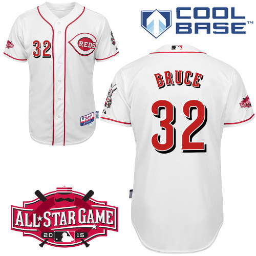 Cincinnati Reds #32 Bruce Authentic Personalized Home White Jersey w2015 All-Star Patch
