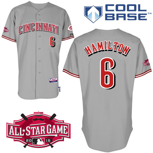 Cincinnati Reds #6 Hamilton Authentic Personalized Road Gray Jersey w2015 All-Star Patch