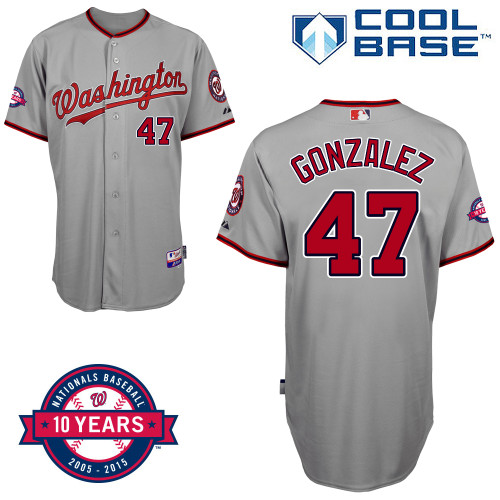 Washington Nationals #47 Gonzalez Authentic Personalized Road Gray Jersey 10th Anniversary Patch