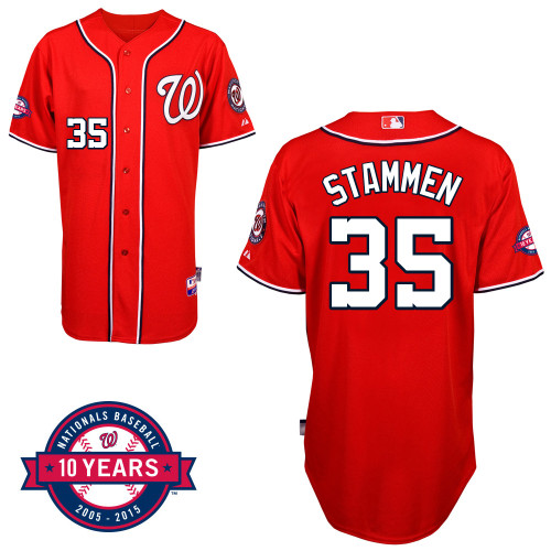 Washington Nationals#35 Stammen Authentic Personalized Alternate red Jersey 10th Anniversary Patch