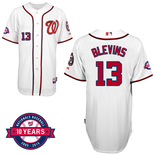 Washington Nationals#13 Blevins Authentic Personalized Home White Jersey 10th Anniversary Patch