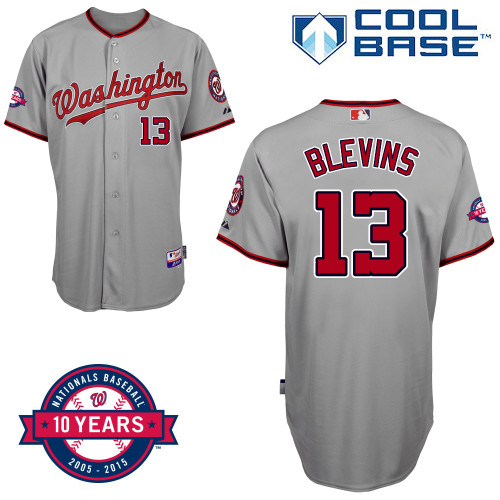 Washington Nationals #13 Blevins Authentic Personalized Road Gray Jersey 10th Anniversary Patch