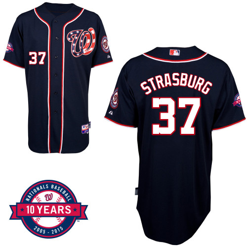 Washington Nationals#37 Strasburg Authentic Personalized Alternate Blue Jersey 10th Anniversary Patch