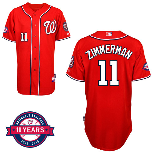 Washington Nationals#11 Zimmerman Authentic Personalized Alternate red Jersey 10th Anniversary Patch