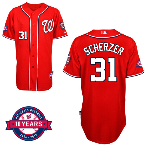 Washington Nationals#31 Scherzer Authentic Personalized Alternate red Jersey 10th Anniversary Patch