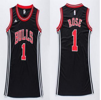Women Bulls #1 Derrick Rose Black Dress Stitched NBA Jersey