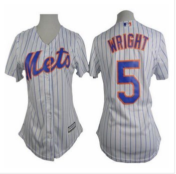 Women Mets #5 David Wright White(Blue Strip) Home Stitched Baseball Jersey