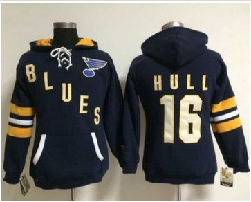 Women St. Louis Blues #16 Brett Hull Navy Blue Old Time Heidi NHL Hoodie