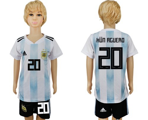 2018 World Cup Argentina #20 Kun Aguero Home Kid Soccer Country Jersey